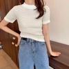Estilo Verano Nuevo Transfronterizo Francés Xiaoxiang Tiene Base ~ Elegante Camiseta de Mujer con Rayas en Contraste Tejido de Punto Manga Corta para Mujer