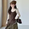Conjunto de Camiseta de Manga Longa com Camisola Falsa de Duas Peças Casual Novo Outono 2026 para Meninas com Salopete Calças de Cintura Larga Calças Cargo