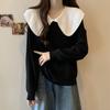 Suéter de Tricô Gola Peter Pan Estilo Francês Outono Novo Feminino Plus Size Solto Emagrecedor Color Block Manga Longa