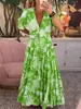 Novo Vestido Floral Elástico com Decote V Estilo Fada Plus Size para Férias na Praia, Vestido Longo Soltinho de Praia 2024