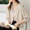 Jaqueta Elegante Simples para Trabalho com Leves Amassados em Cetim, Manga Três Quartos, Decote V para Mulheres - Novo Top Outono 2025