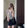 Moderna Camiseta de Punto de Manga Corta con Cuello en U para Mujer, Fresca, Cómoda, Delgada, Elástica, Adelgazante, Nueva H072403