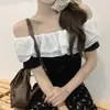 Camiseta de Manga Corta Irregular con Volantes de Un Hombro Dulce y de Moda para Mujer Verano 2025 Nuevo Estilo Pliegues