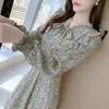 Vestido Longo Floral com Renda e Babados de Temperamento Francês Feminino Outono Afinando a Cintura Laço Linha A Transfronteiriço