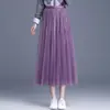 Saia Plissada Reversível de Malha com Lantejoulas para Mulheres, Nova Saia Elegante de Cintura Alta Emagrecedora com Corte em A e Barra Flare para Outono/Inverno 2026