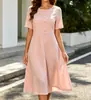 En stock 2026 nuevo vestido de trabajo elegante de cuello redondo, manga corta, abotonado, que ciñe la cintura, línea A, transfronterizo europeo y americano, comercio exterior