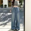 Jeans de pierna ancha azul claro de doble botón para mujer, talla grande de otoño, rectos holgados de cintura alta, adelgazantes, pantalones de largo hasta el suelo