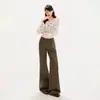 Jeans de mujer transfronterizos, ligeramente acampanados, estilo retro americano, fluidos, hasta el suelo, color café marrón, con estampado Yichun