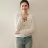 Cárdigan de punto de cachemira pura para mujer, nuevo otoño e invierno, cuello en V, manga larga, versátil, de un solo botón, top suave