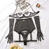 Estilo de Deseo Puro Europeo y Americano Moda Cadena en Forma de Corazón Lencería Sexy Uniforme de Malla Transparente para Mujer Conjunto Moldeador Seductivo
