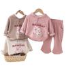 Nova Roupa de Menina para Primavera e Outono, macia de coelho, estilo inglês, com capuz, calça pantalona, atacado de roupas infantis 2024, 2 peças 1