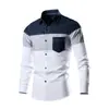 Transfronterizo Primavera 2025 Nueva Camisa Casual para Hombre Moda Costura Tendencia Camisa de Manga Larga para Hombre Top de Bloques de Color de Moda