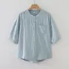 82609 Camisa Feminina de Gaze de Algodão com Bolsos, Manga Média, Gola Alta Simples, Camada Dupla, Nova Blusa Casual de Verão 2026
