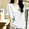 Camiseta de Manga Corta de Alta Calidad Transfronteriza para Mujer, Nuevo Estilo de Verano, Cuello en V, Moderna, Versátil, Estampada, Tendencia, Tallas Grandes, Ins