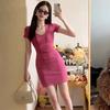 Vestido para Mujer Verano 2025 Nuevo Estilo Francés Rosa Puro Dulce Cuello en U Manga Corta Vestido Bodycon para Figuras Pequeñas