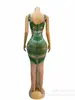 Vestido Verde Brillante de Perlas y Pedrería Sexy para Fiesta de Cantante Femenina
