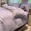 Conjunto de Quatro Peças de Fio Duplo com Borda de Concha Classe A Algodão Lavado Puro Macio e Sedoso Lençóis de Cama Capa de Edredom Cama Lençóis de Cama Conjunto de Três Peças Solteiro para Dormitório 4
