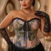 Corset Vintage Plus Size com Estampa de Peixe e Espinha de Peixe com Renda e Zíper para Modelar a Cintura