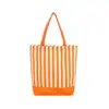 Bolso de lona patchwork a rayas con logo impreso, bolso de mano de color contrastante, bolsa de compras promocional corporativa