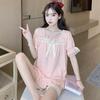 Pijama de Manga Curta Estilo Princesa para Mulheres Verão Algodão Nuvem Renda Shorts Laço Menina Conjunto de Duas Peças Roupa de Casa
