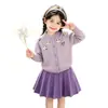Conjunto de Suéter para Niña Estilo Coreano Flor Tridimensional Morado Cárdigan Tejido 2026 Elegante Suéter de Manga Larga Conjunto de Dos Piezas