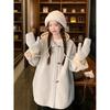 Jaqueta Conjunto Capuzido de Manga Longa Estilo Menina Doce e Gentil para Mulheres Inverno 2026 Novo Estilo Jaqueta de Lã Solta de Comprimento Médio