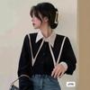 Cárdigan suéter para mujer de diseño retro coreano con bloques de color, chaqueta nueva de primavera y otoño, top de manga larga con cuello marinero