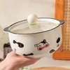 Tigela Cerâmica de Vaca para Macarrão Instantâneo para Uma Pessoa, Fofa de Grande Capacidade, Tigela de Sopa com Duas Alças e Tampa, Tigela de Arroz com Macarrão Caracol para Casa de Estudante