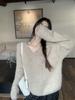 Tiro Real Otoño e Invierno Lana de Alpaca Imitación Suéter Holgado Cuello en V Estilo Perezoso Suéter de Manga Larga Top de Color Puro