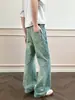 Jeans ajustados azules de estilo retro americano para hombre, pantalones de pierna recta con ribete blanco, pantalones versátiles casuales de cuatro puntadas ligeramente acampanados