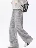 Calça Listrada Preta Estilo Retrô Americano de Perna Larga para Homens, Calça Longa Casual com Caimento Solto para Primavera e Verão, Calça Tendência Relaxada no Comprimento do Chão