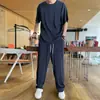 Traje Casual, Camiseta Esportiva Masculina de Seda Gelada para o Verão, Manga Curta Fina, Calça Longa de Secagem Rápida, um Conjunto de Roupas de Manga Meia