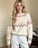 Suéter de tricô jacquard com padrão de losangos para outono e inverno para mulheres, pullover, estilo casual europeu e americano, gola redonda, caimento solto, pelo sintético de veado, top color-blocking
