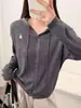 Cardigã casual de lã fiada fina, leve, com capuz, bordado generoso, básico, versátil, jaqueta pequena feminina para primavera e outono, estilo preguiçoso