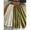 Calça Wide Leg Bordada Redutora de Idade com Ruffle e Costura em Estoque para Mulheres, Calça Casual Solta Artística de Cintura Alta, Calça Saia em Camadas