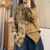 ¡El tamaño original no encoge! Camisa de algodón puro estilo Hong Kong de manga larga a cuadros con cuello de solapa, camisa patchwork suelta y casual para mujer