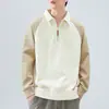 Roupas Masculinas Shanggu Comércio Exterior Transfronteiriço Camisa Polo Moda Bloqueio de Cores Europeia e Americana Masculina Manga Longa Gola com Zíper Top de Veludo Fino