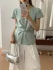 Tamanho Atualizado: Blusa de Manga Curta Elegante com Design de Gravata Cruzada Estilo Francês, Blusa de Verão Chique e Única