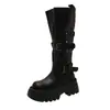 Botas Cano Alto com Fivela Retrô Femininas 2026 Outono/Inverno Sola Grossa Aumentadoras de Altura Botas de Cavaleiro Ocidental Panturrilha Larga Emagrecedoras para Pernas Grossas