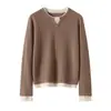 Otoño e Invierno Nuevo Nuevo Tejido de Punto de Cachemira 100 Pura para Mujer Tejido de Punto de Combinación de Colores Camiseta de Fondo Suelta de Cuello Redondo