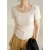 Camiseta de Fibra de Madera Ecológica para Mujer, Cuello Cuadrado Pequeño, Bloques de Color, Corte Ajustado, Manga Corta, Estilo Verano, Almacén Japonés al por Mayor Seda de Hielo
