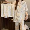 Pijama de Algodón Nube Estilo Coreano Lindo Chef Pastel para Mujer Verano Nuevo Cardigan de Manga Corta Conjunto de Tres Piezas Ropa de Casa Venta al por Mayor