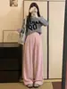 Pantalones de pana anchos casuales de corte holgado para mujer, versátiles para otoño, cintura elástica, tejido adelgazante, pantalones largos hasta el suelo