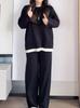 Miss Ying Outono 2024 Preguiçoso Áustria Slim Solto Falso Duas Peças Tricô Blusa Calça Wide Leg Conjunto