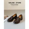 Versión de Piel de Vaca~Mocasines Versátiles de Tacón Medio Estilo Británico, Zapatos de Cuero Retro, Tacón Grueso de 5 cm, Punta Redonda, Zapatos de Mujer de Piel de Oveja