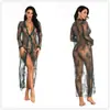 Cárdigan Sexy de Encaje Conjunto de Lencería Transparente para Mujer, Bata Larga hasta el Tobillo con Escote en V Profundo y Mangas Largas, Adecuado para Usar Fuera de Casa