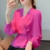 Estilo Novo Primavera e Outono 2026 Elegante Fashionável Camisa de Chiffon com Amarração na Cintura Manga Longa para Mulheres Blusa Top Cor Sólida Design Cruzado