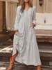 Otoño e invierno 2023 ropa de mujer de comercio exterior europea y americana botón algodón y lino retro casual vestido de manga larga falda larga de gran vuelo multicolor