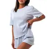 Especialmente Projetado para Vendas Transfronteiriças, Popular Pijama Feminino de Verão Estilo Europeu e Americano, Rico em Algodão, Confortável, Borda Rolada, Manga Curta e Shorts, Conjunto para Casa