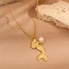 Collar Transfronterizo, Estilo de Lujo Ligero de Nicho, Collar de Acero de Titanio con Perla de Sirena para Mujer, Chapado en Oro de 18 Quilates, Collar de Perlas Naturales